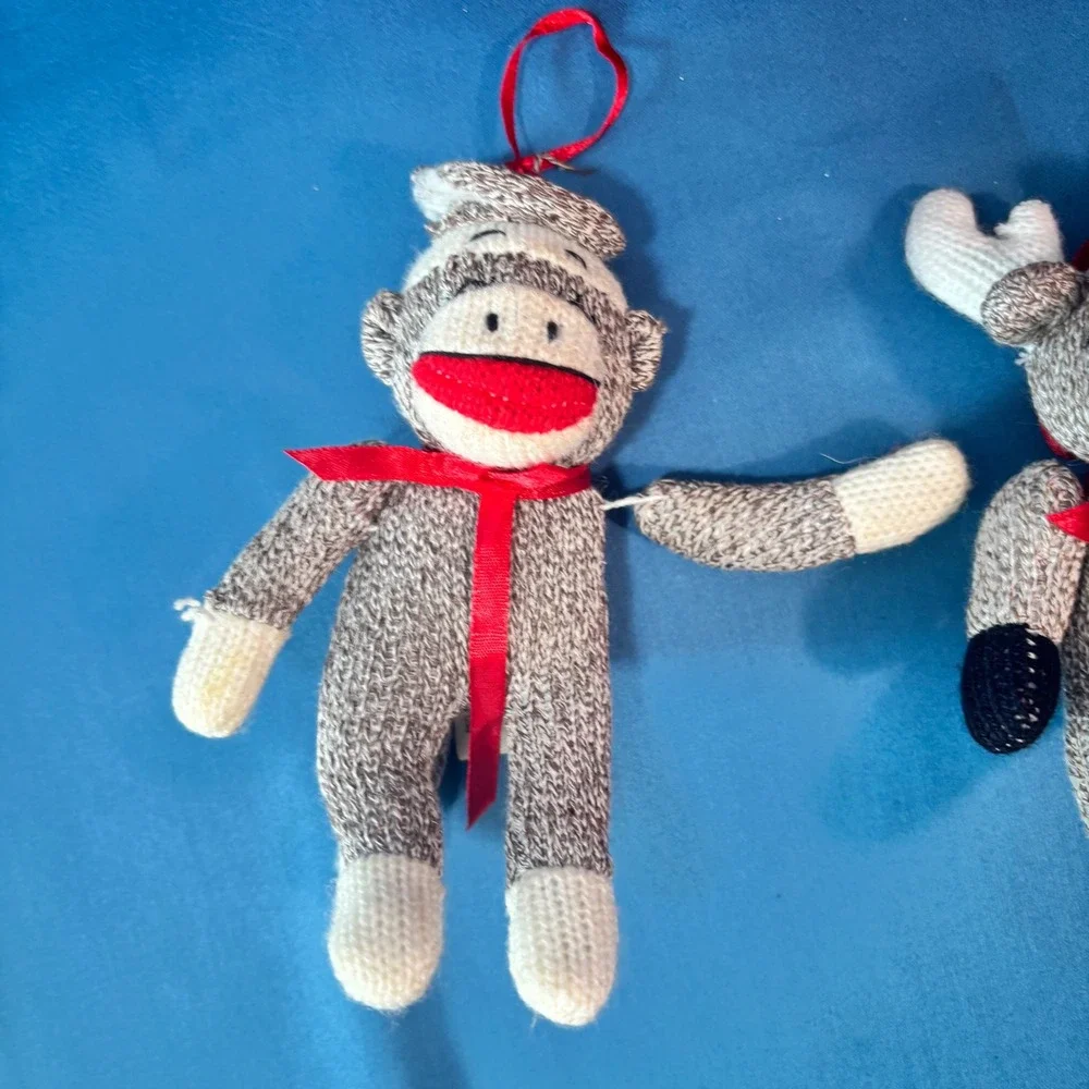 Midwest Cannon Falls Knit Christmas Ornaments Sock Monkey Moose Raccoon Lot of 3